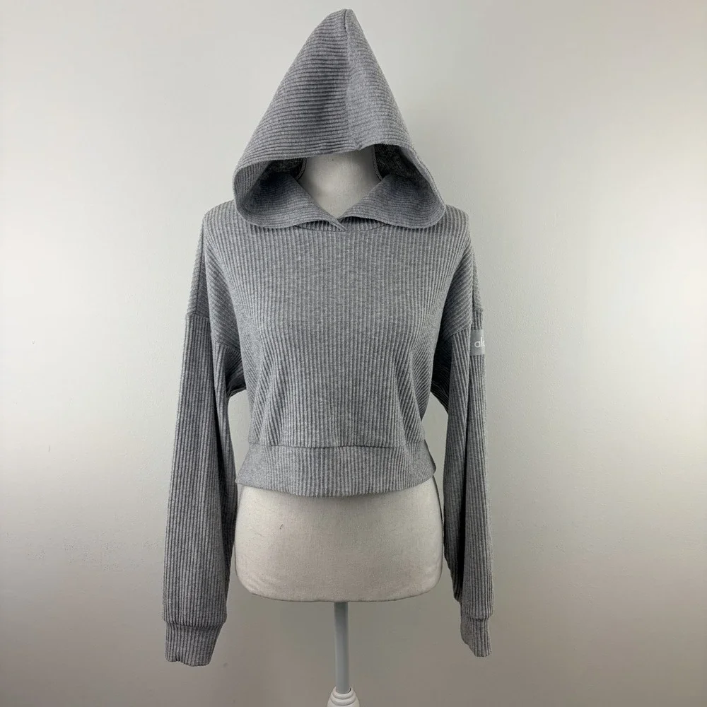 Alo Yoga Women XS Gray Ribbed Cropped Hoodie Long Sleeve Pullover Lounge Top